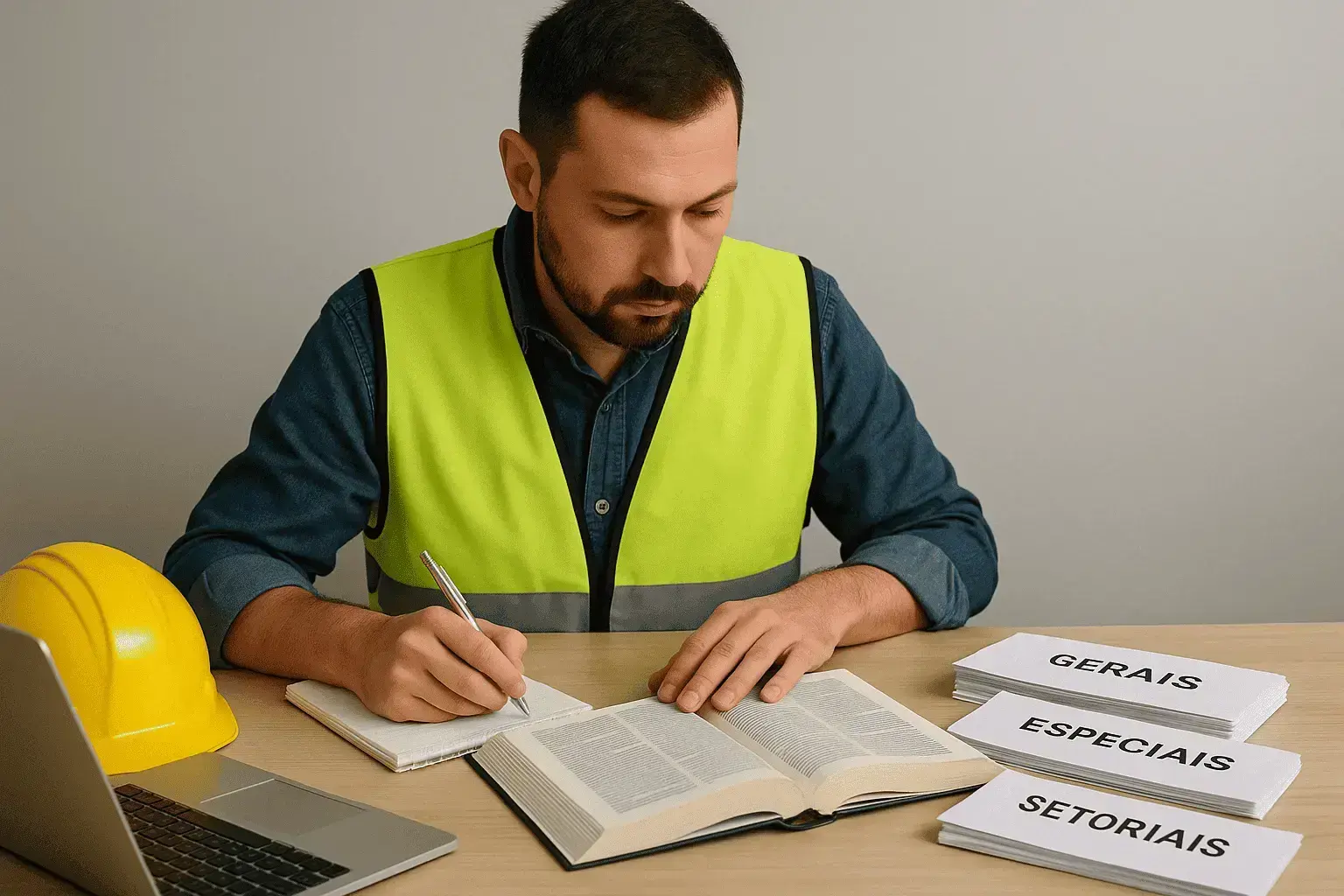 Técnico de segurança do trabalho estudando as normas regulamentadoras gerais, especiais e setoriais.