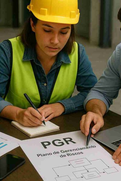 "Profissionais analisam PGR em ambiente de segurança do trabalho."